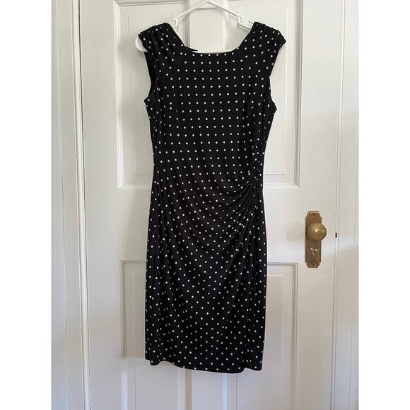 Lauren Ralph Lauren Polka Dot Ruched Midi Sheath Dress Black White Women's 8 - Picture 1 of 12